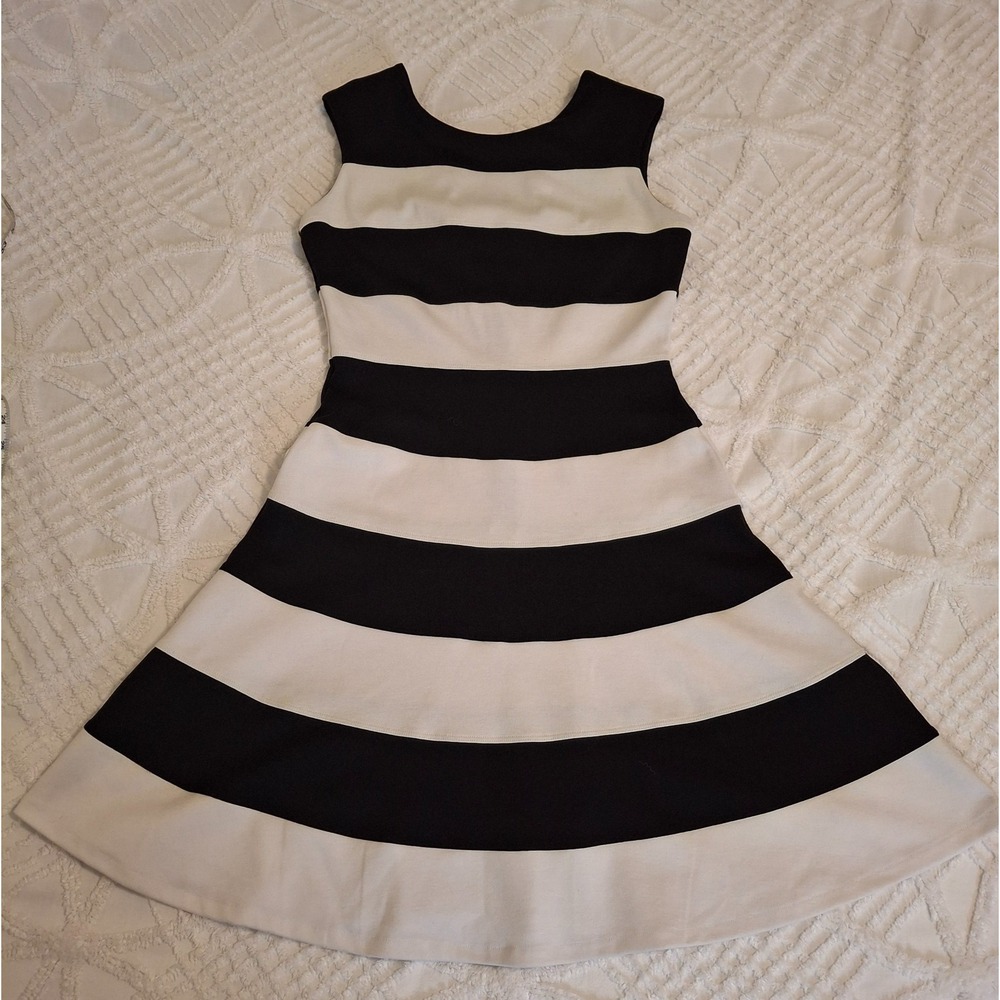 New York & Company Womens XS Fit Flare Dress Black White Striped V-Back Stretch